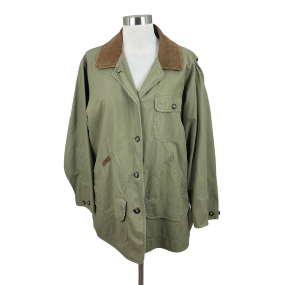 Vintage L.L. Bean Barn Coat in Olive Green with Leather Collar, Petite Large - Picture 12 of 12
